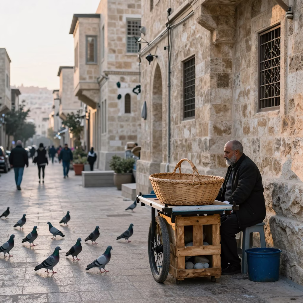 Early Morning Street Scene in Amman With Pigeons and Woven Basket in in Amman, Jordan