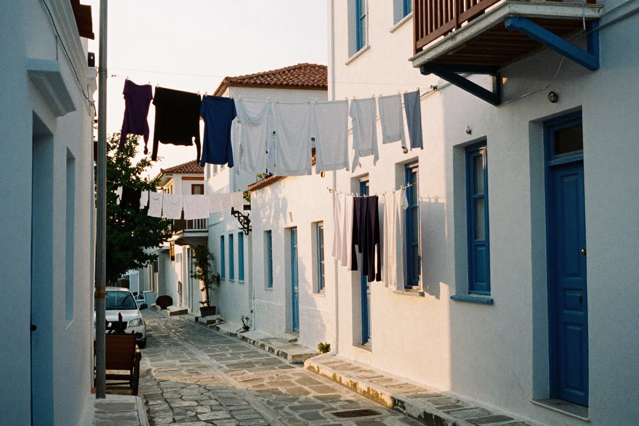 Early Morning Street Scene in Athens Greece with Laundry Lines and Urban Architecture in in Athens, Greece