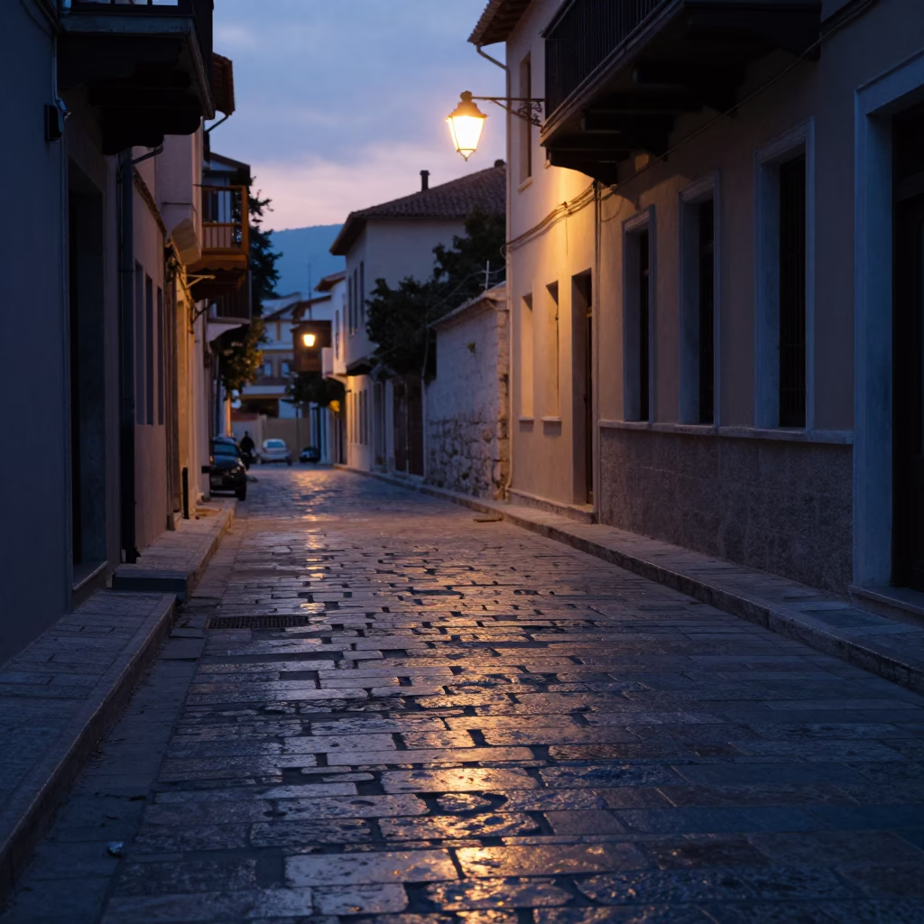 Early Morning Street Scene in Athens Greece with Stone Pavement and Urban Details in in Athens, Greece
