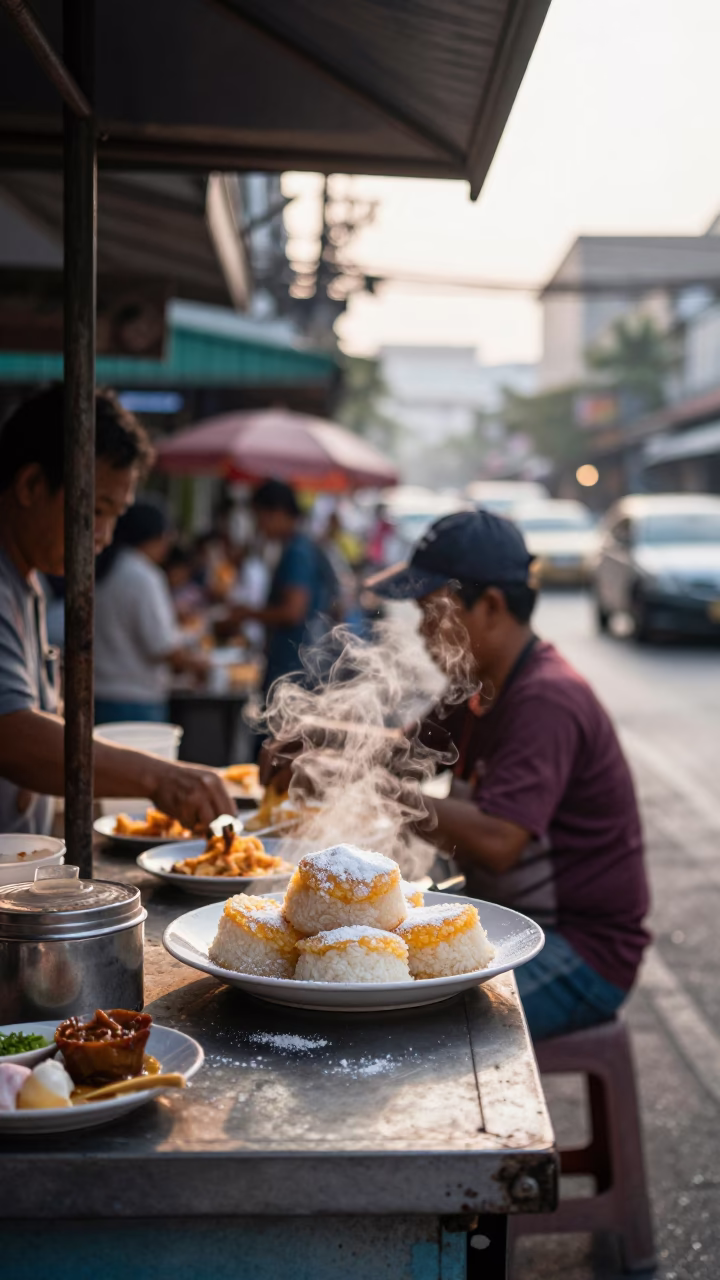 Early Morning Street Scene in Bangkok Thailand with Traditional Breakfast and Local Life in in Bangkok, Thailand