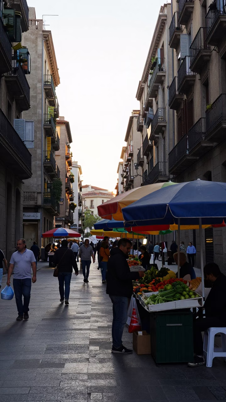 Early Morning Street Scene in Barcelona Spain with Umbrellas and Steel Grout in in Barcelona, Spain