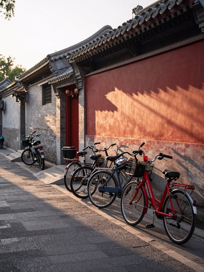 Early morning street scene in Beijing China with bicycles and red brick architecture in in Beijing, China