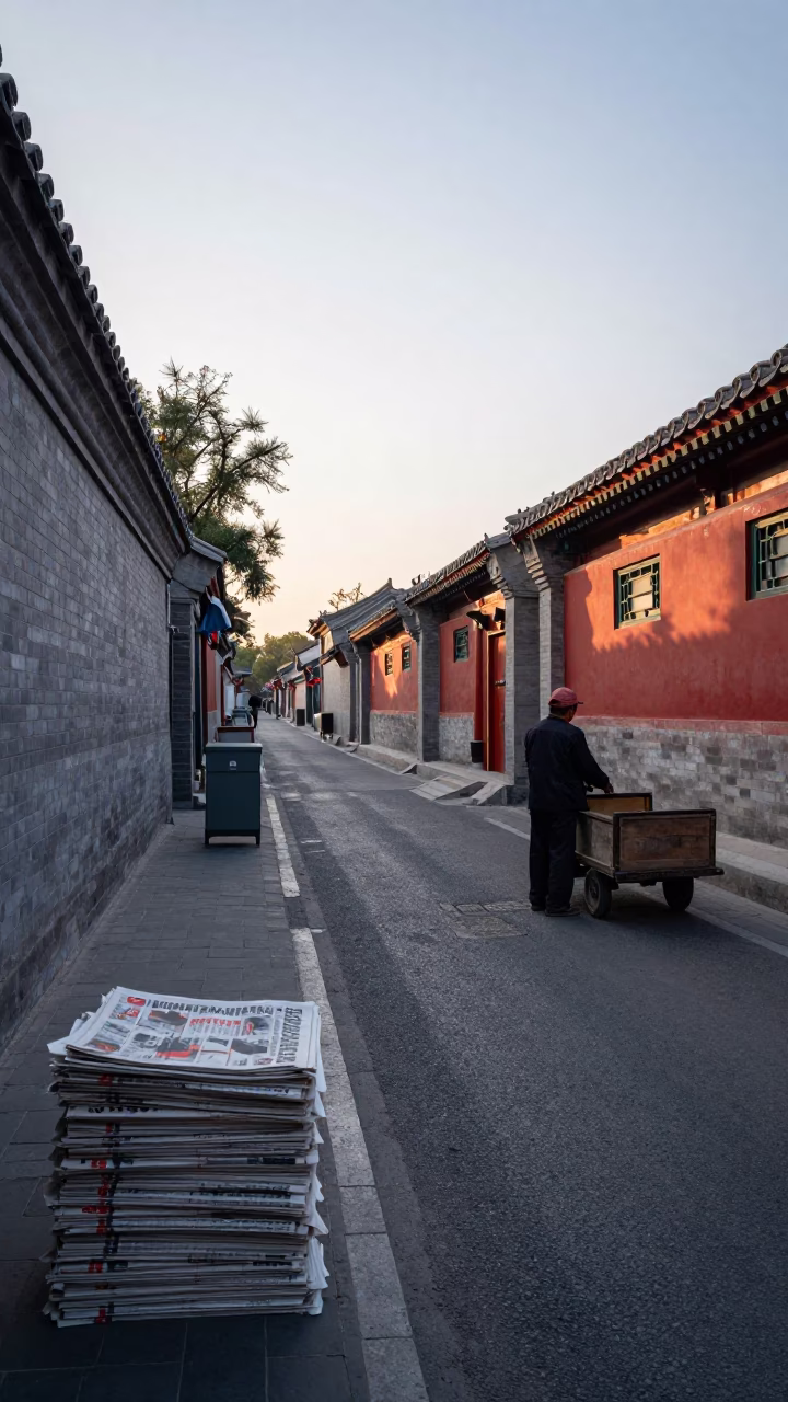 Early Morning Street Scene in Beijing China with Newspaper Stack and Sun Hat in in Beijing, China