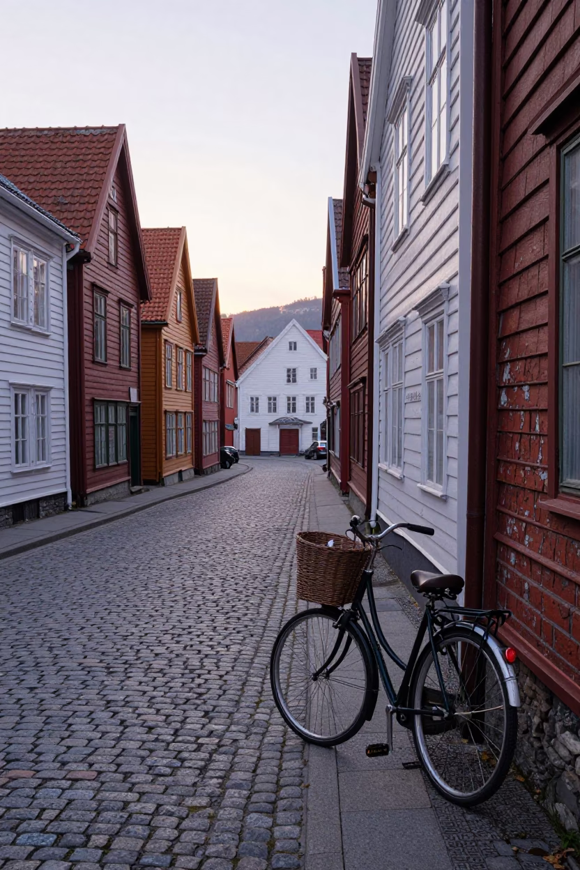Early morning street scene in Bergen Norway with vintage bicycle and local architecture in in Bergen, Norway