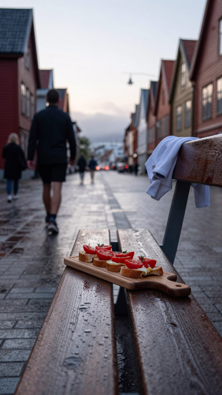 Early morning street scene in Bergen Norway with wooden board and condensation on runner in in Bergen, Norway