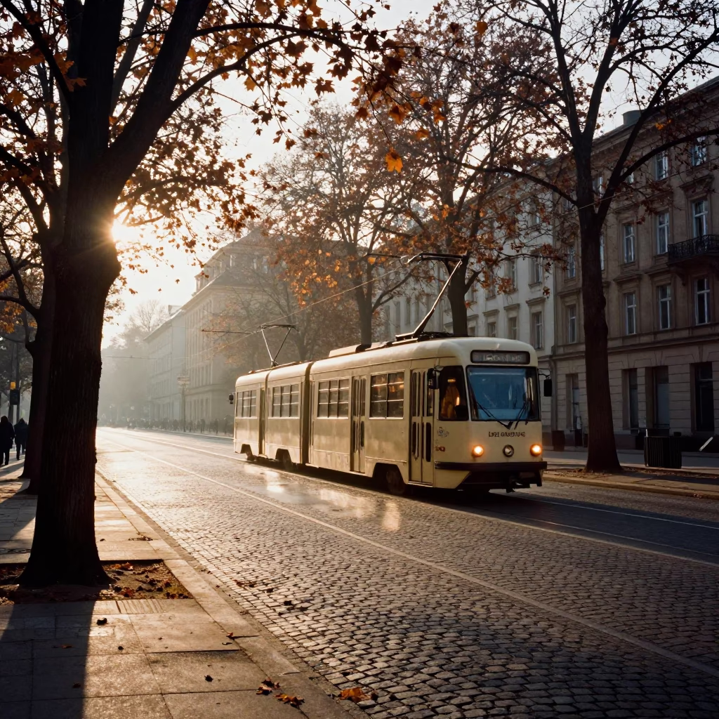 Early Morning Street Scene in Berlin Germany with Old Trolley and Tree Lined Avenue in in Berlin, Germany