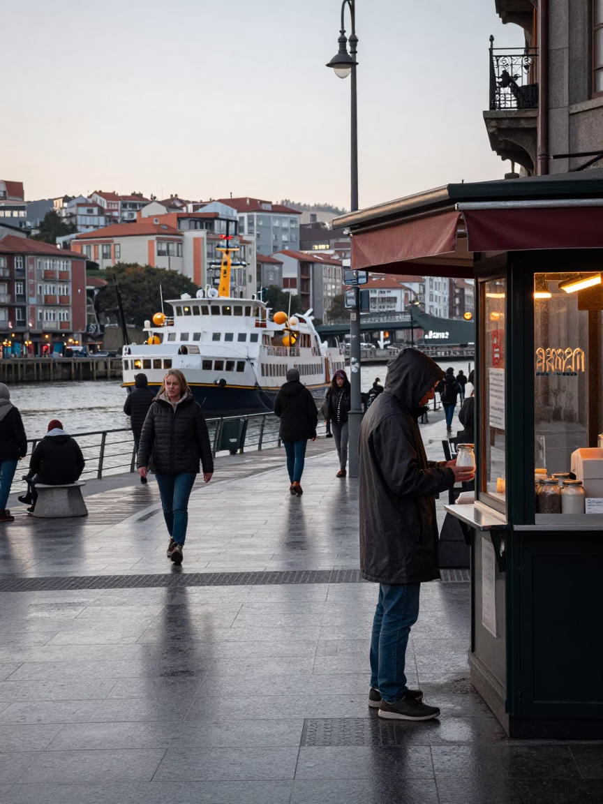 Early Morning Street Scene in Bilbao Spain with Ferry and Urban Details in in Bilbao, Spain