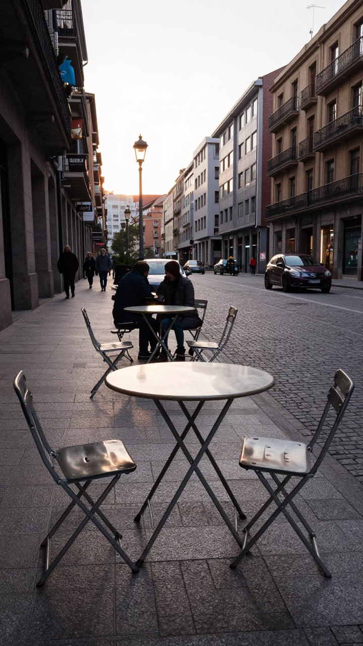 Early Morning Street Scene in Bilbao Spain with Folding Tables and Ladder Back Chair in in Bilbao, Spain
