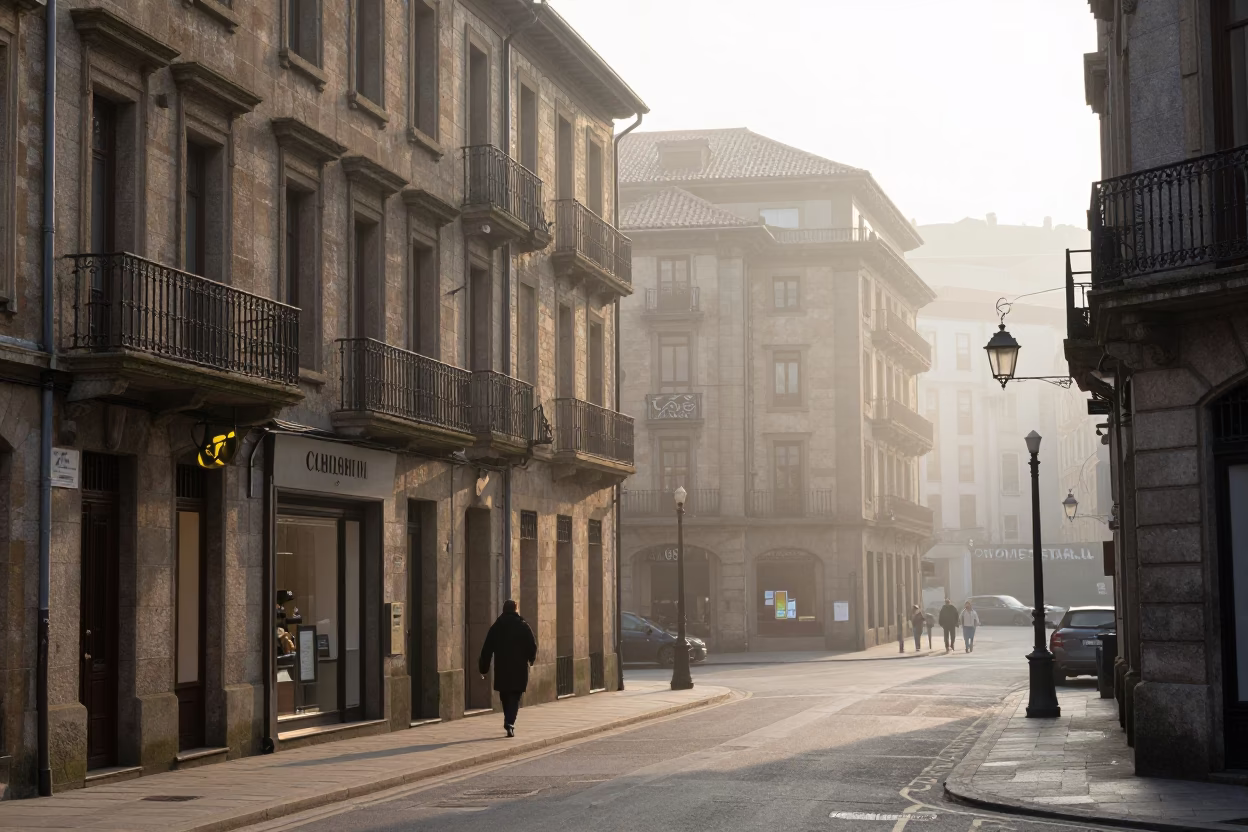 Early morning street scene in Bilbao Spain with historic architecture and quiet urban ambiance in in Bilbao, Spain