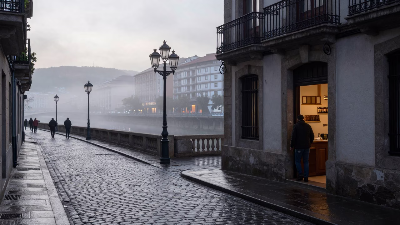 Early Morning Street Scene in Bilbao Spain with Vintage Details in in Bilbao, Spain