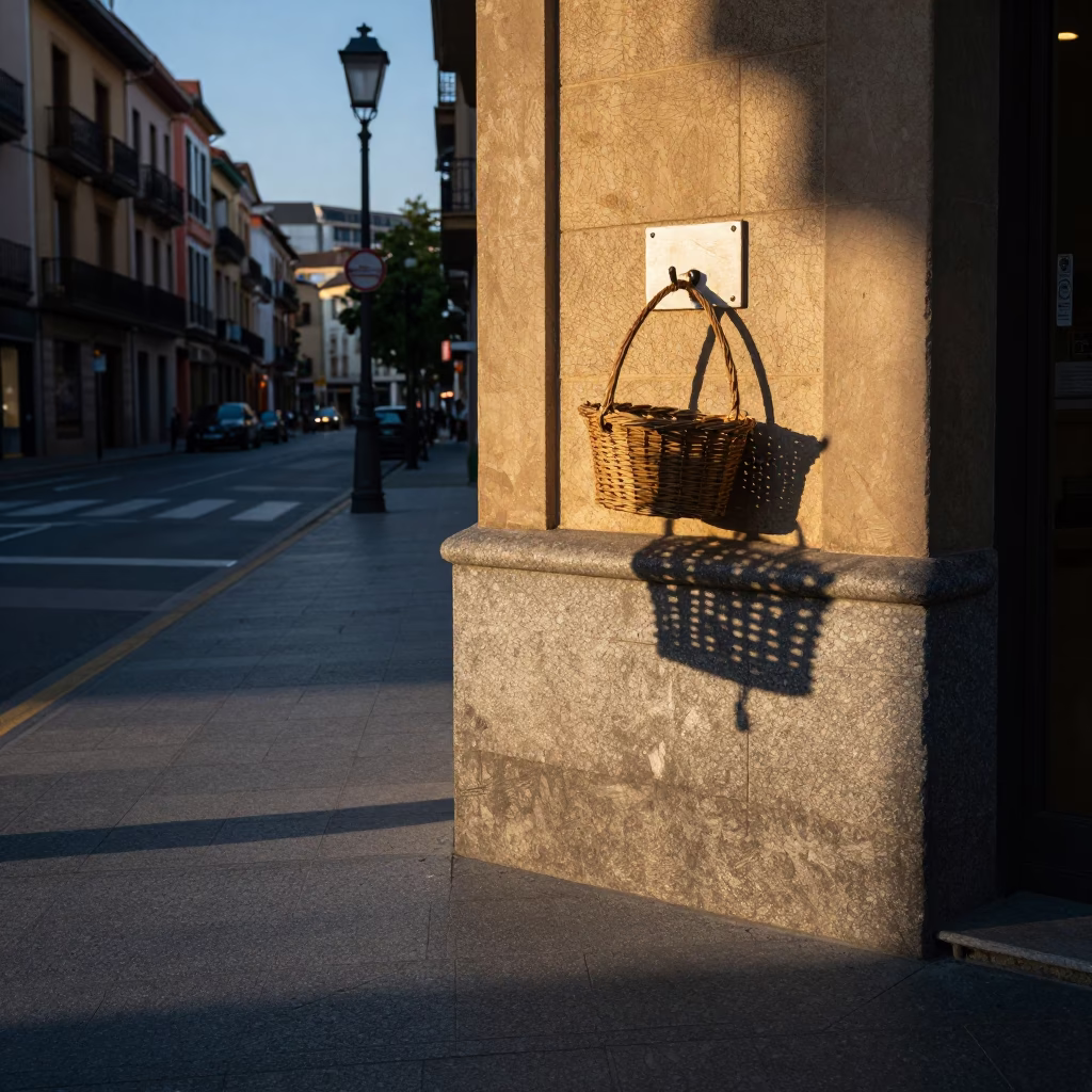 Early Morning Street Scene in Bilbao Spain with Wicker Shadow and Cup in in Bilbao, Spain
