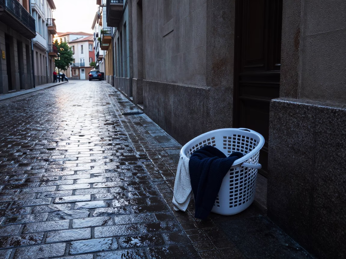 Early Morning Street Scene in Bilbao with Laundry Basket and Small Dog in in Bilbao, Spain