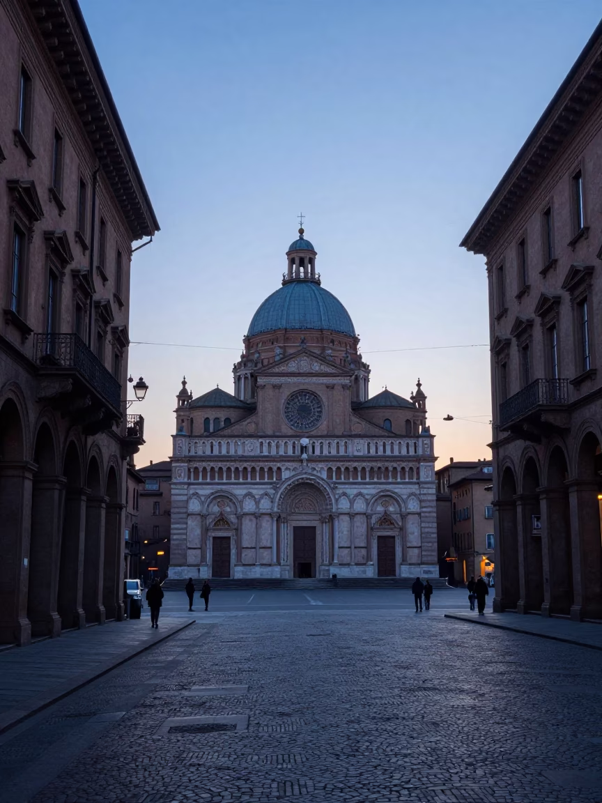 Early Morning Street Scene in Bologna Italy Before Sunrise with Historic Architecture in in Bologna, Italy
