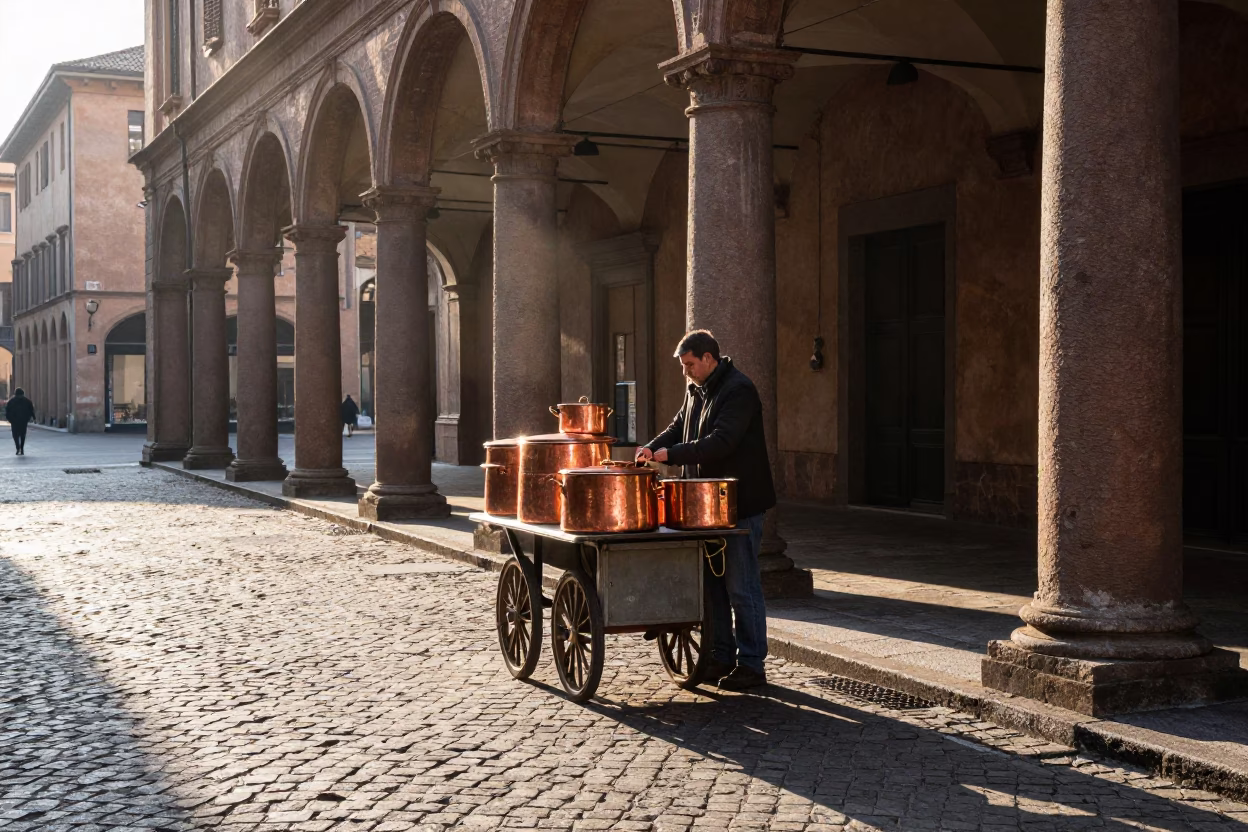 Early Morning Street Scene in Bologna Italy with Copper Pots and Local Market Activity in in Bologna, Italy