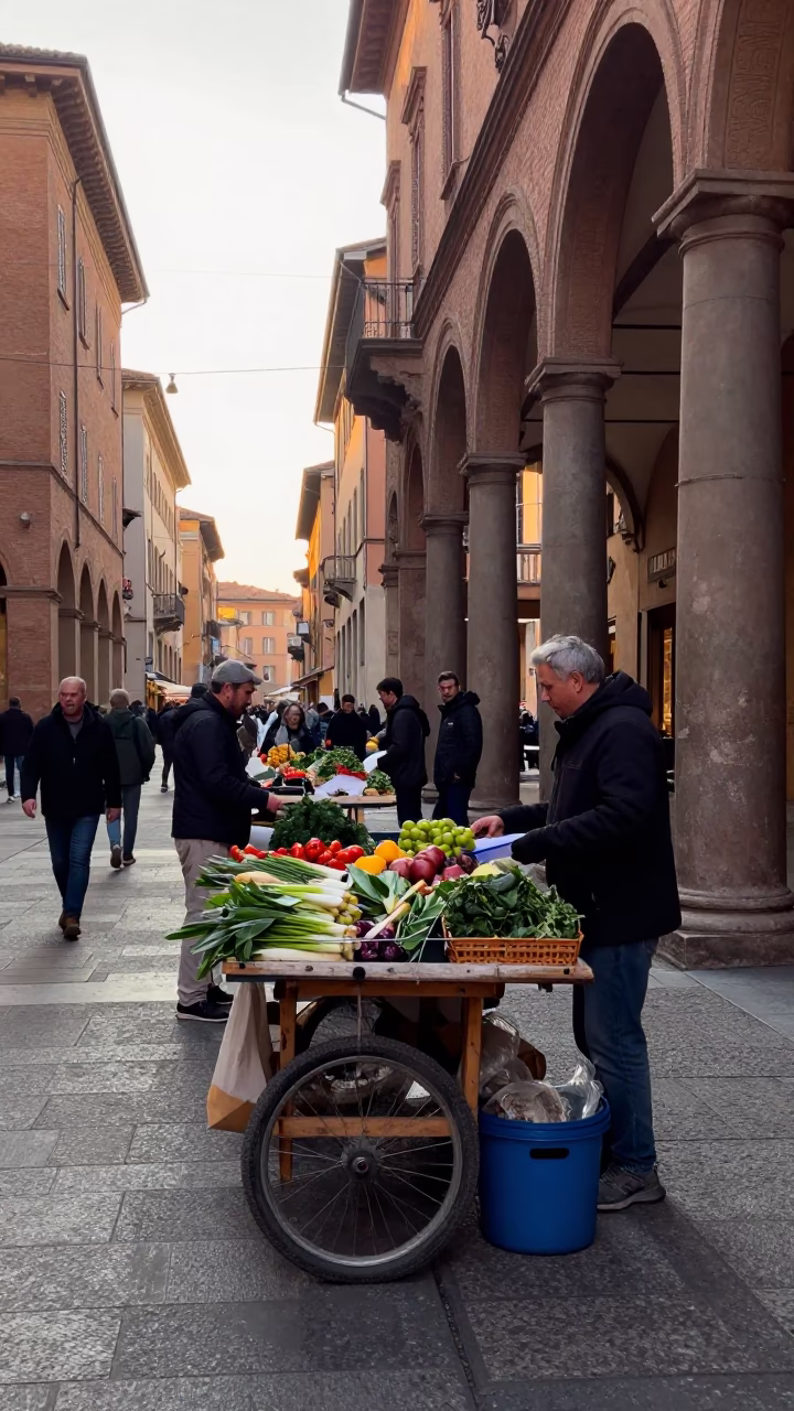 Early Morning Street Scene in Bologna Italy with Local Market Activity in in Bologna, Italy