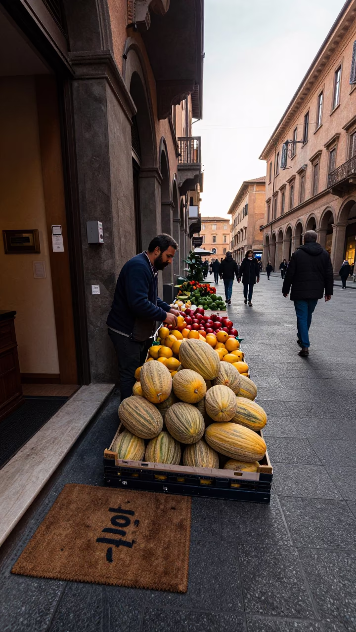Early Morning Street Scene in Bologna Italy with Melons and Doormat in in Bologna, Italy