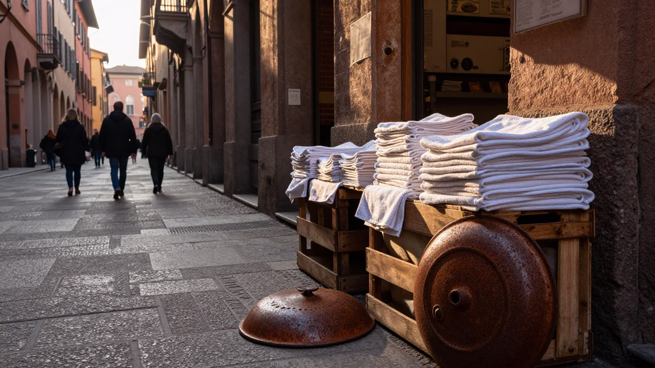 Early Morning Street Scene in Bologna Italy with Rusty Pot Lid and Hand Towels in in Bologna, Italy
