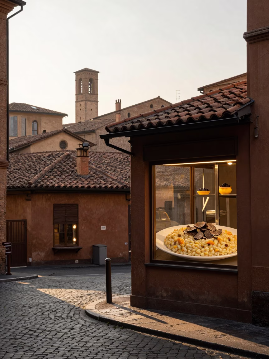 Early morning street scene in Bologna Italy with traditional food and architecture in in Bologna, Italy