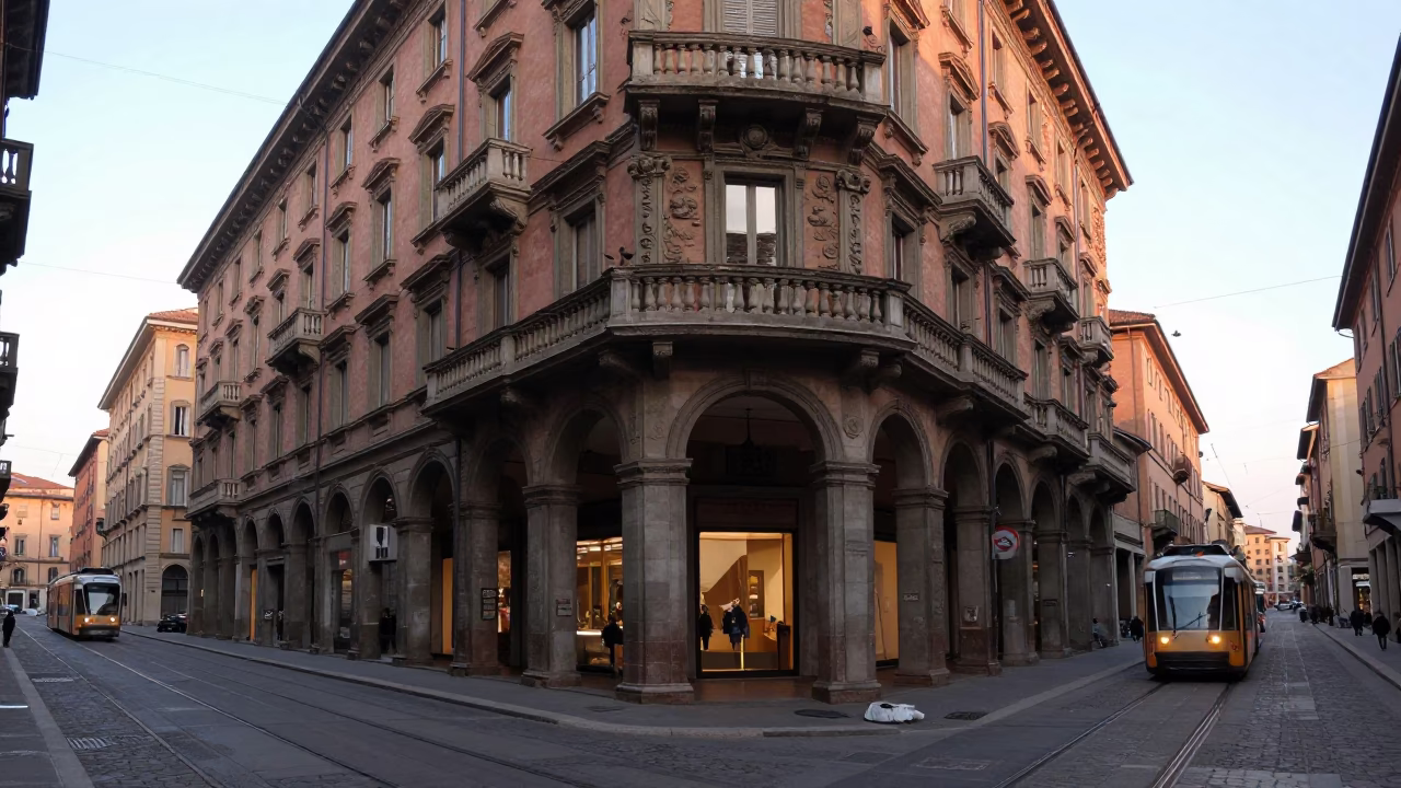 Early morning street scene in Bologna Italy with tram and Art Nouveau architecture in in Bologna, Italy