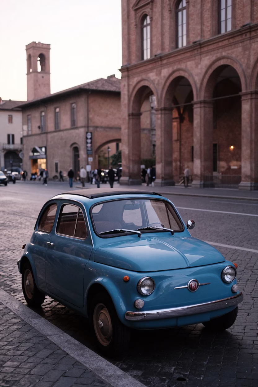 Early Morning Street Scene in Bologna Italy with Vintage Car and Bakery Window in in Bologna, Italy