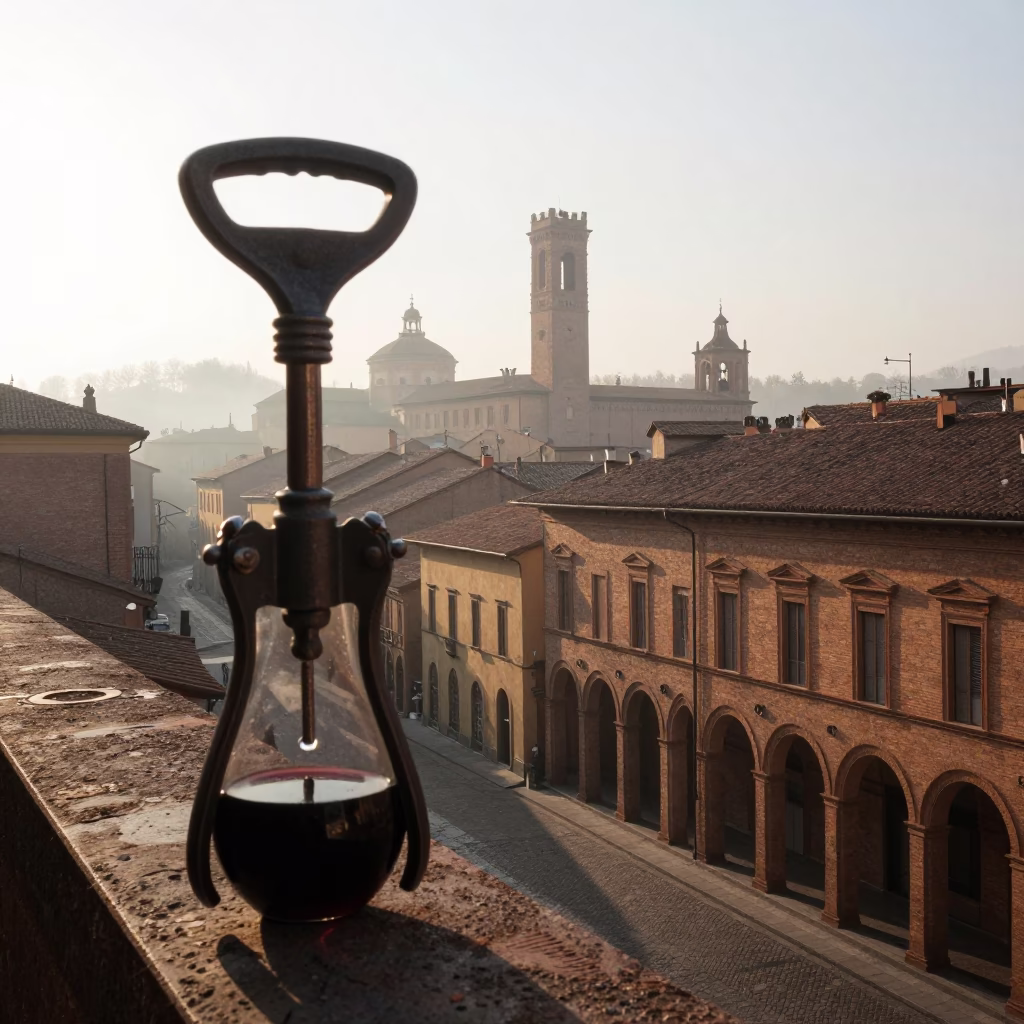 Early Morning Street Scene in Bologna Italy with Vintage Wine Opener Detail in in Bologna, Italy