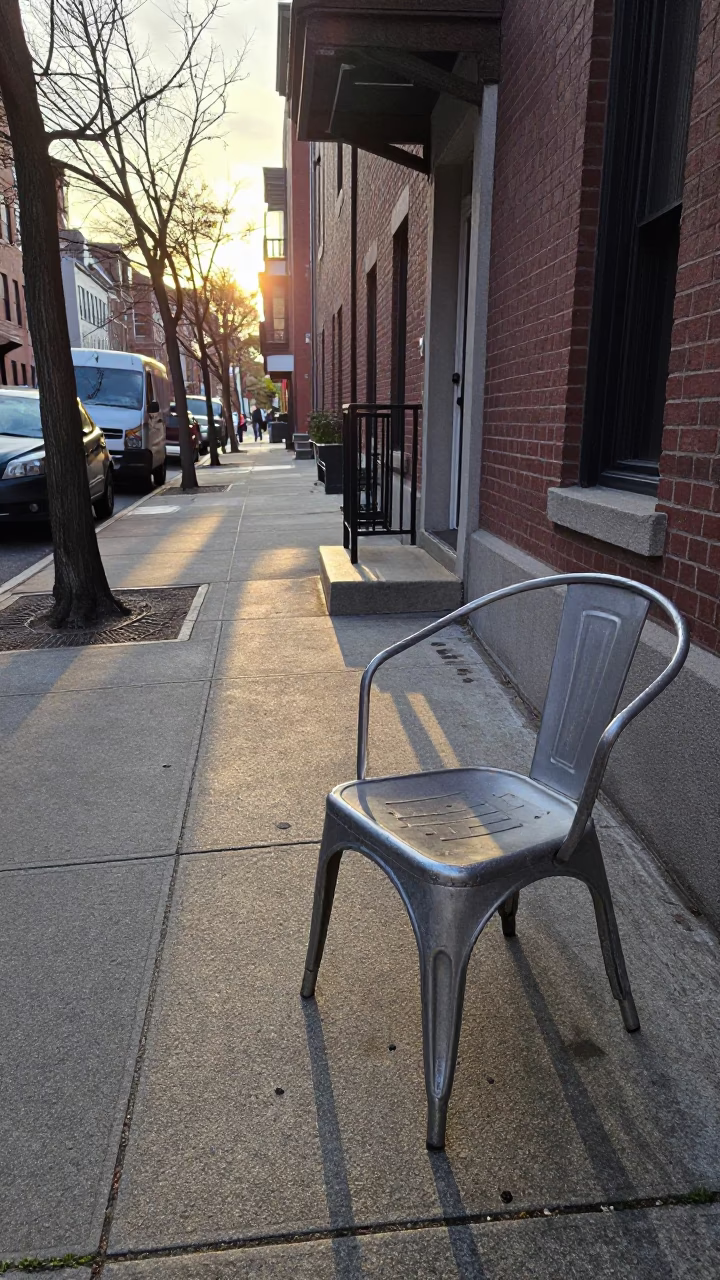 Early Morning Street Scene in Boston Massachusetts with Chair and Sunlight in in Boston, Massachusetts, United States