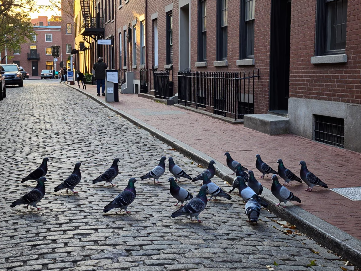 Early Morning Street Scene in Boston Massachusetts with Pigeons on Cobblestone Sidewalk in in Boston, Massachusetts, United States