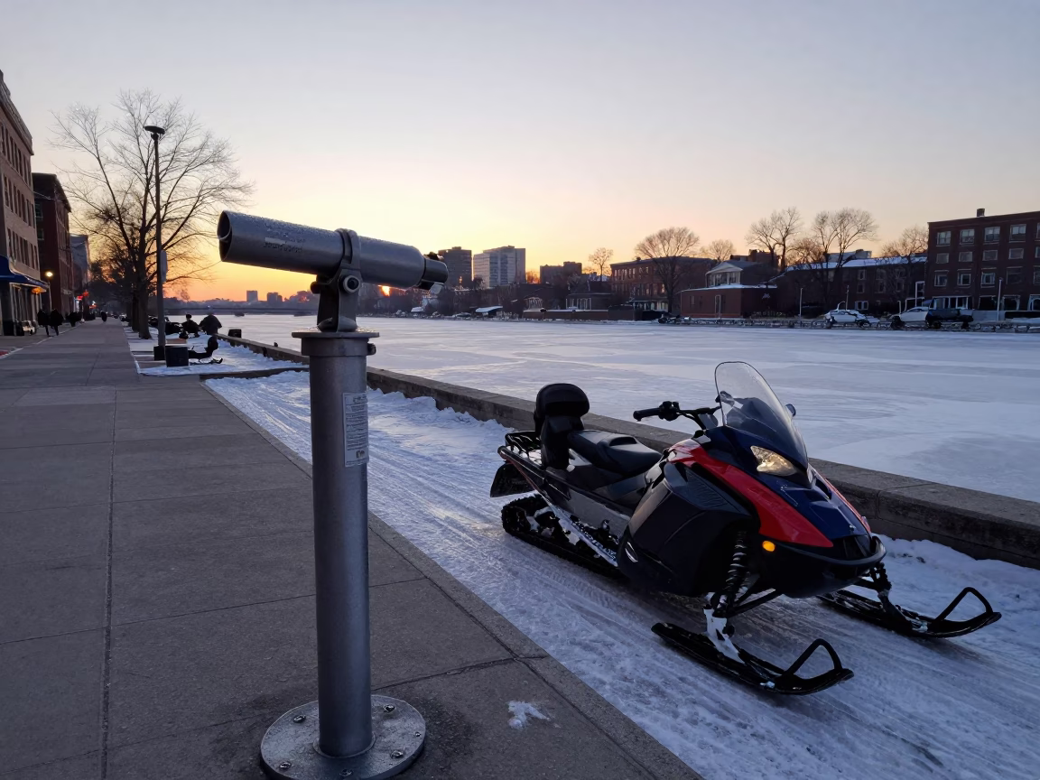 Early Morning Street Scene in Boston Massachusetts with Telescope and Snowmobile in in Boston, Massachusetts, United States