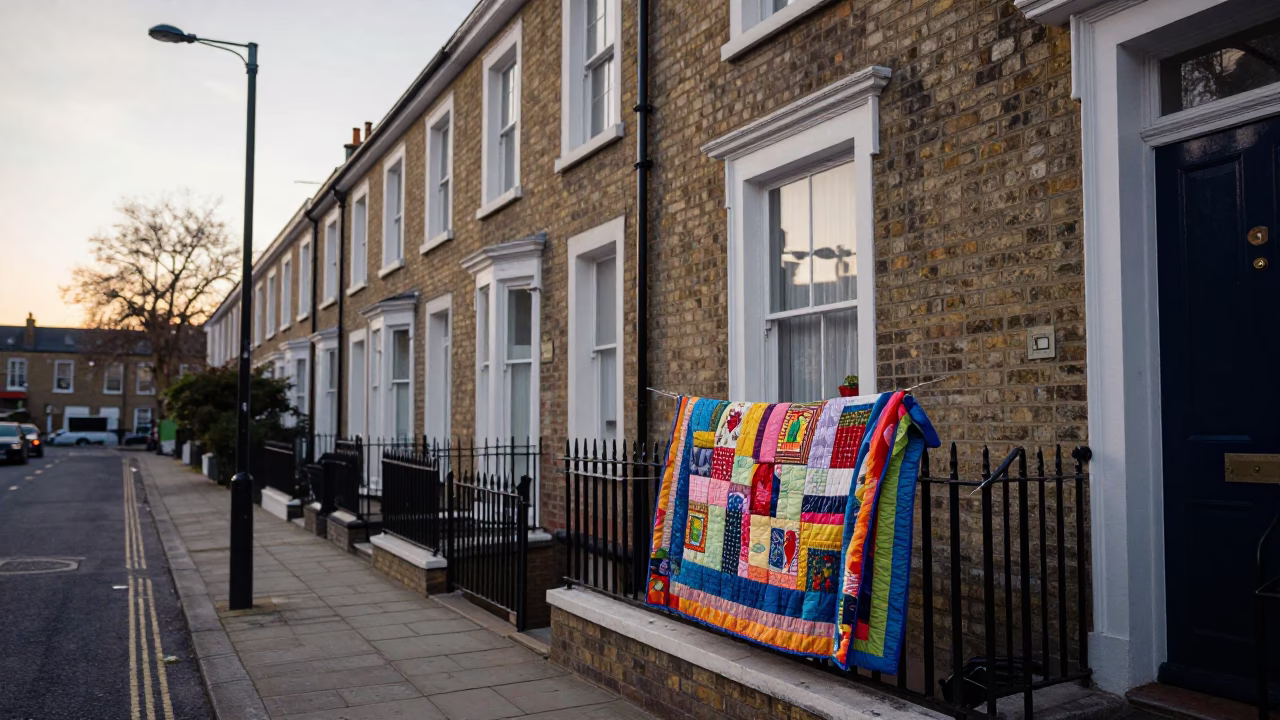 Early Morning Street Scene in Bristol UK with Quilt and Taper Candle in in Bristol, United Kingdom