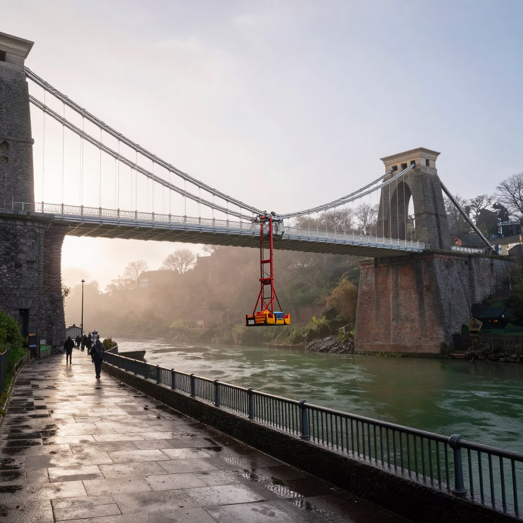 Early Morning Street Scene in Bristol United Kingdom with Bridge Maintenance and River in in Bristol, United Kingdom