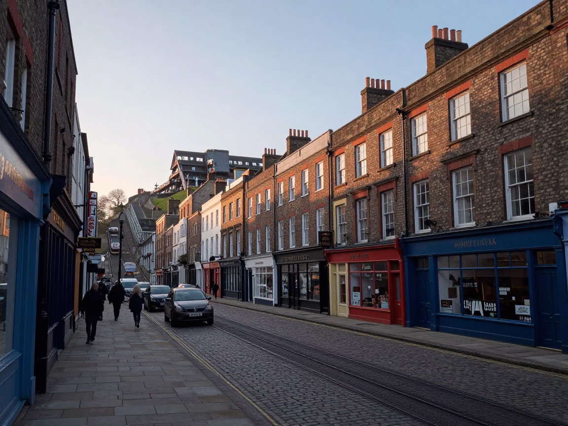 Early Morning Street Scene in Bristol United Kingdom with Local Shops and Morning Light in in Bristol, United Kingdom