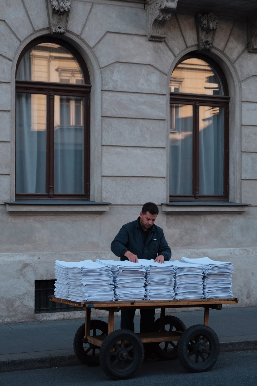 Early Morning Street Scene in Budapest Hungary with Folded Linen Creases in in Budapest, Hungary