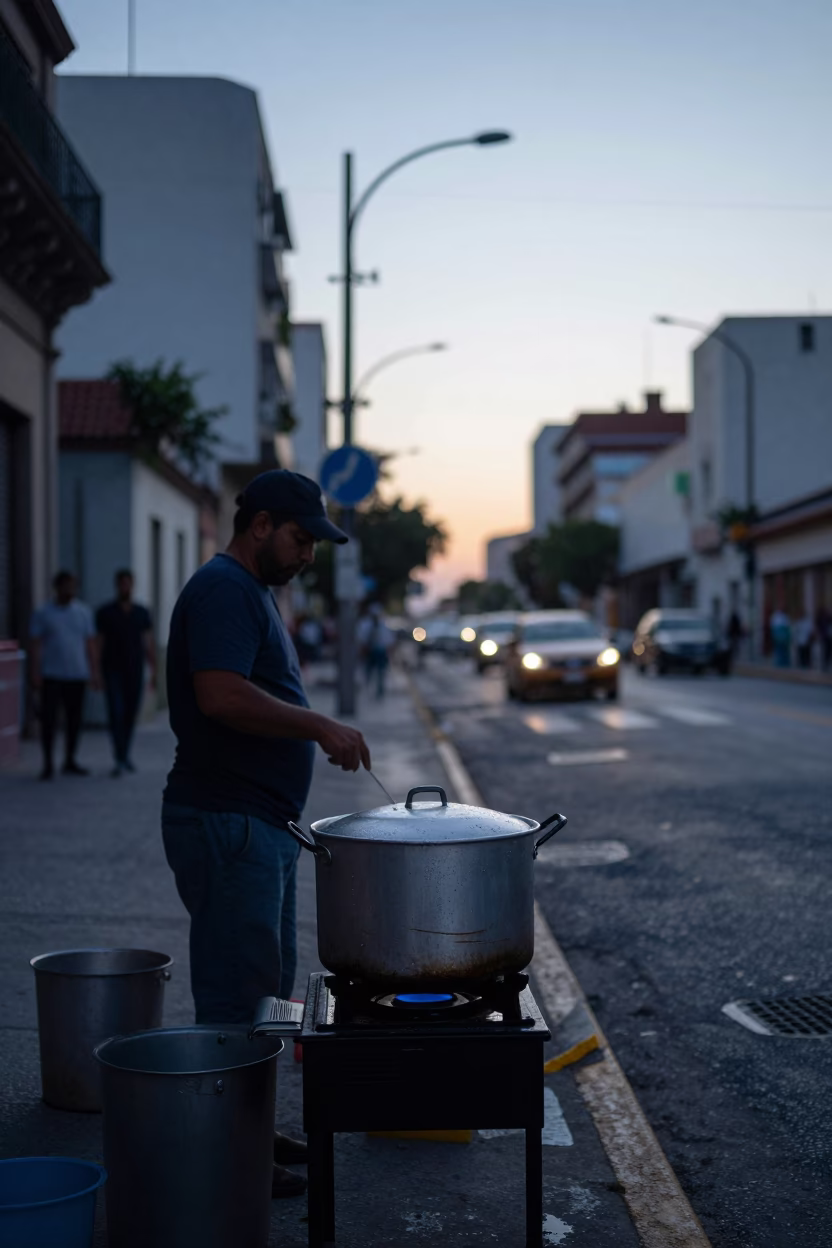 Early Morning Street Scene in Buenos Aires with Condensation on Pot Lid and Crate in in Buenos Aires, Argentina