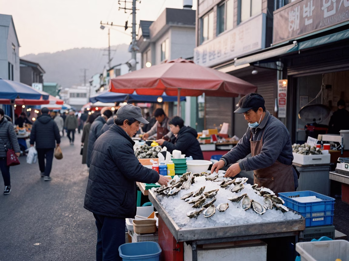 Early Morning Street Scene in Busan South Korea with Local Market Activity in in Busan, South Korea