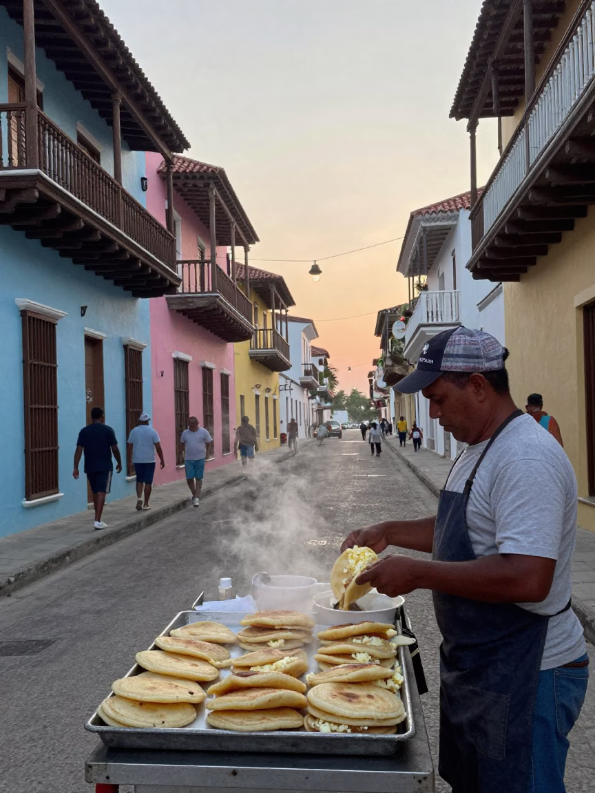 Early Morning Street Scene in Cartagena Colombia with Arepas and Art Deco Facade in in Cartagena, Colombia