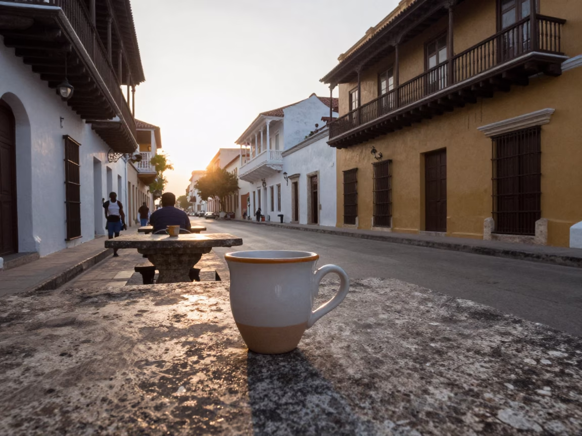Early Morning Street Scene in Cartagena Colombia with Ceramic Cup and Saucer in in Cartagena, Colombia