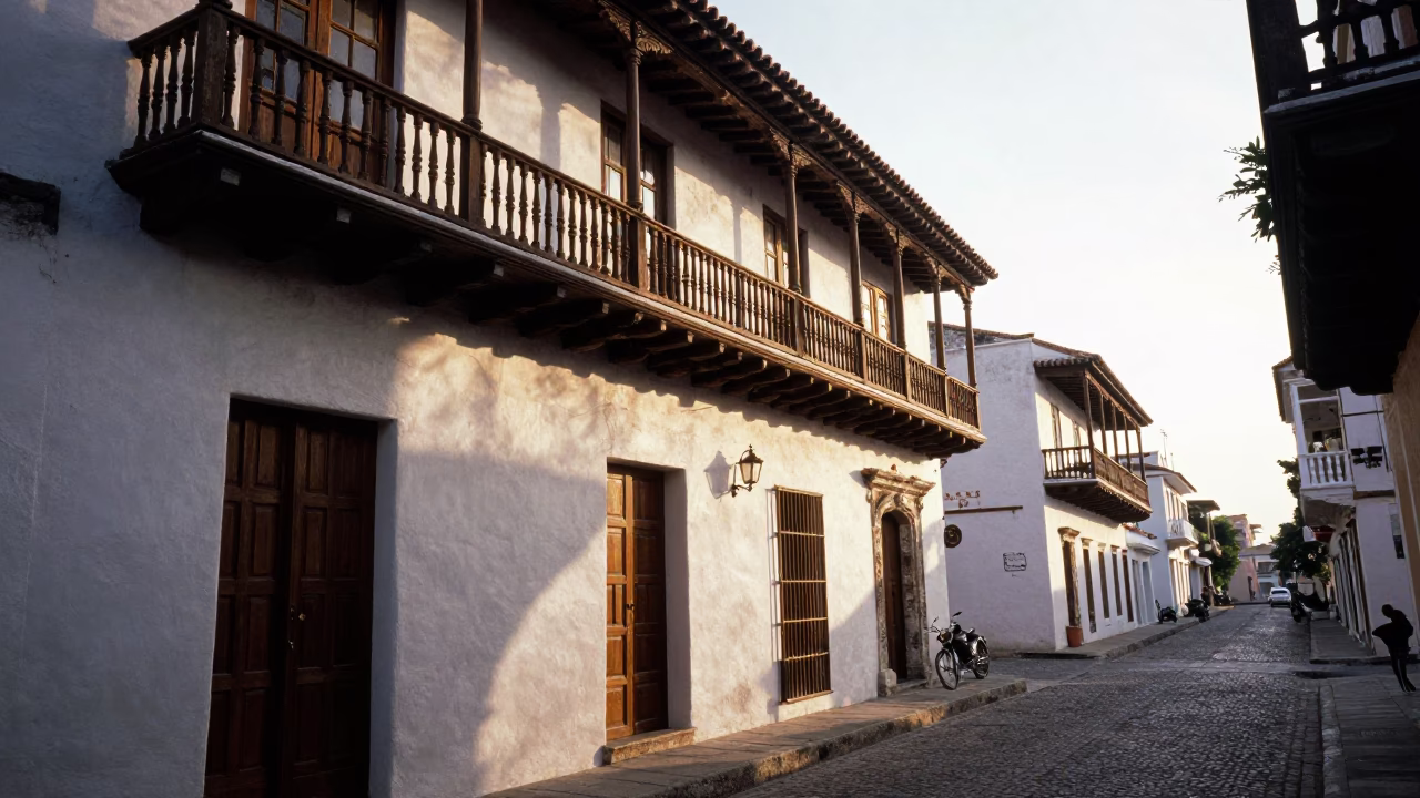 Early Morning Street Scene in Cartagena Colombia with Colonial Balconies in in Cartagena, Colombia