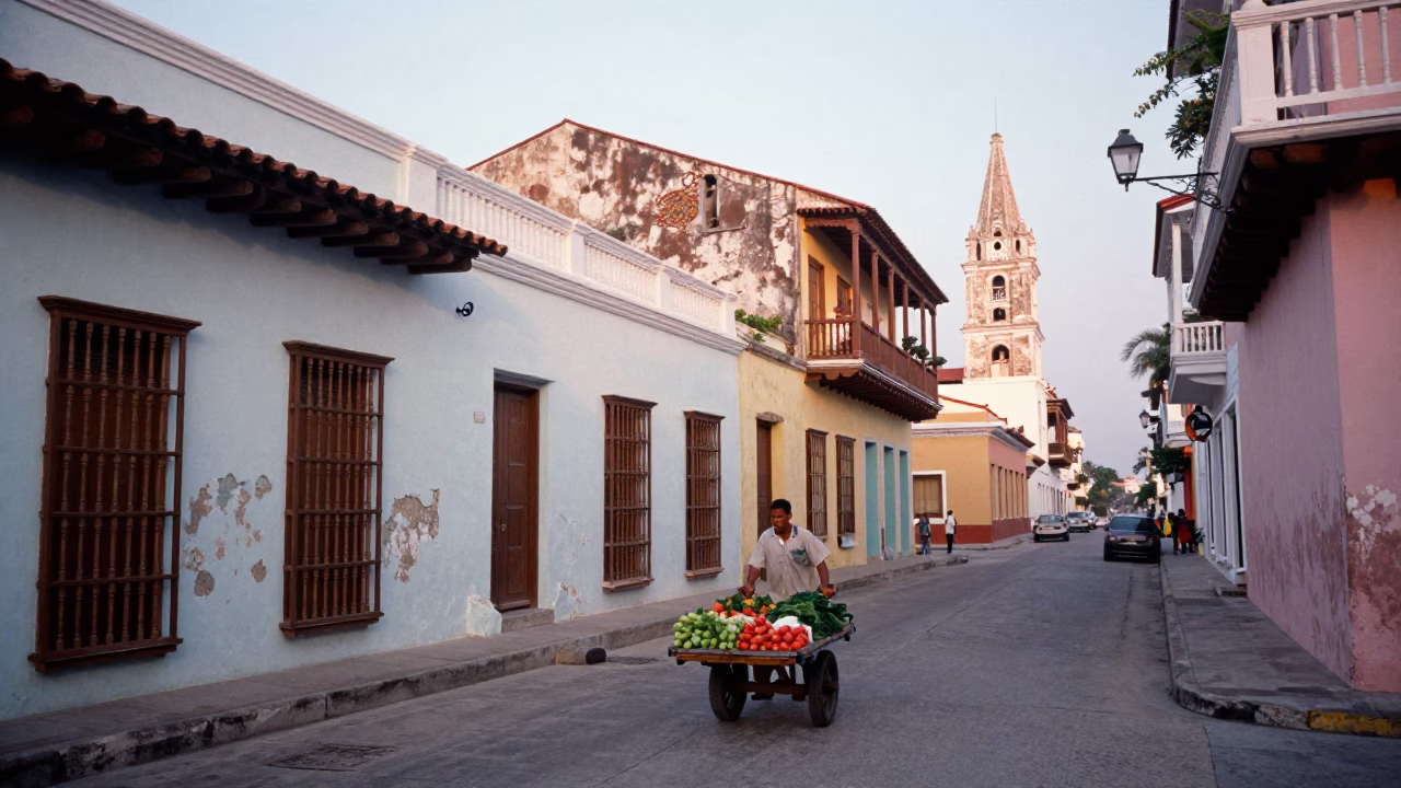 Early Morning Street Scene in Cartagena Colombia with Colorful Architecture and Local Activity in in Cartagena, Colombia