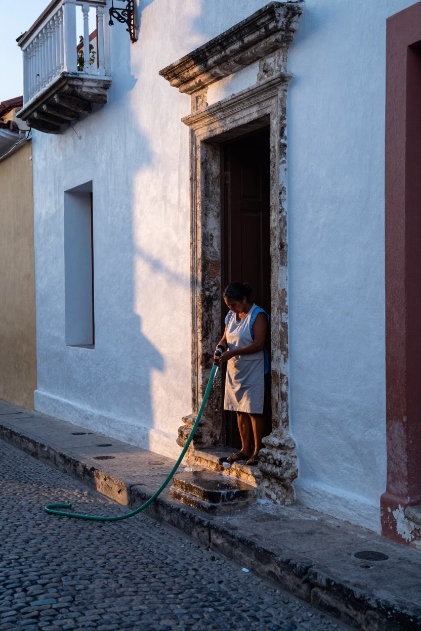 Early Morning Street Scene in Cartagena Colombia with Hose Nozzle in in Cartagena, Colombia