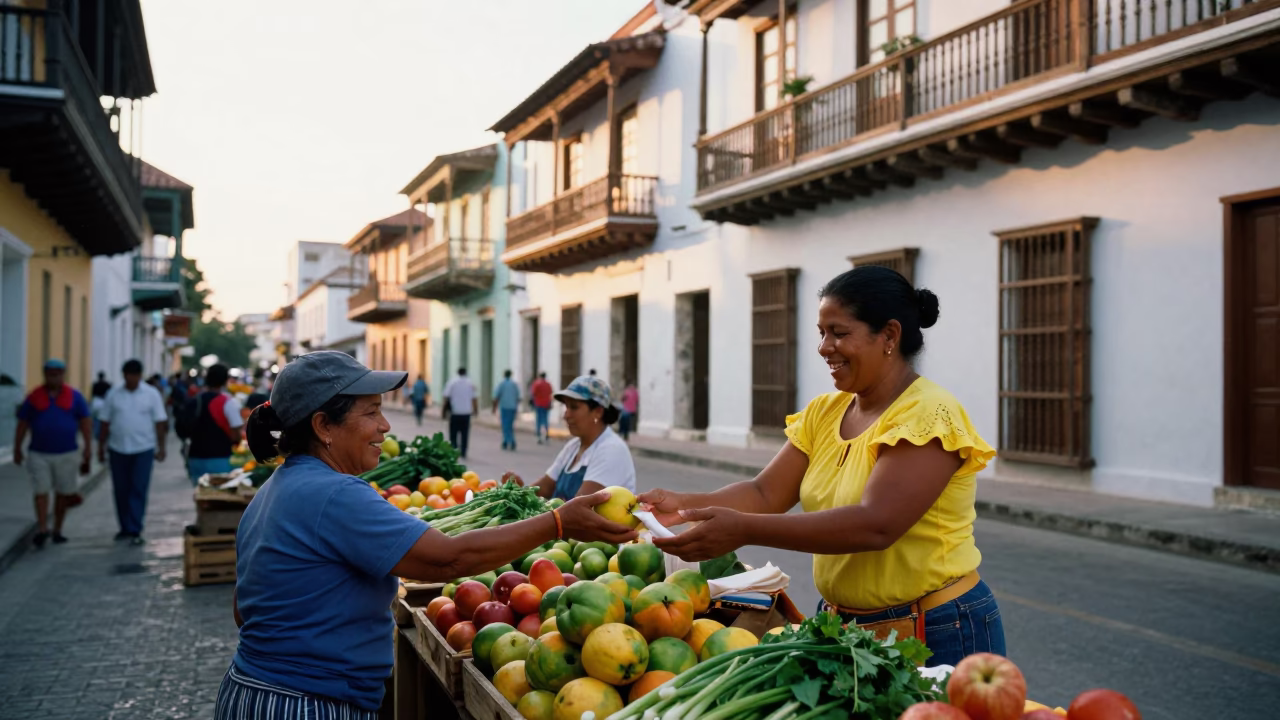 Early Morning Street Scene in Cartagena Colombia with Local Market Activity in in Cartagena, Colombia