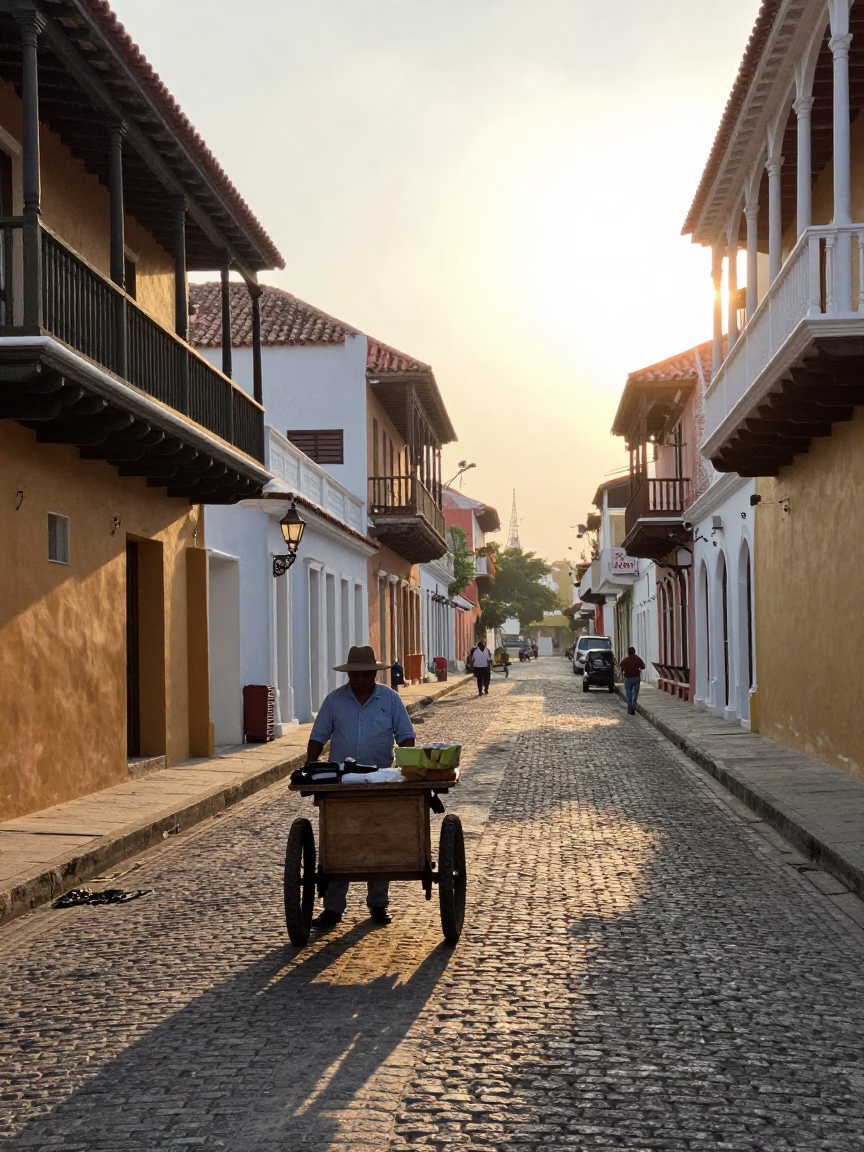 Early Morning Street Scene in Cartagena Colombia with Local Vendor and Glass Pitcher in in Cartagena, Colombia