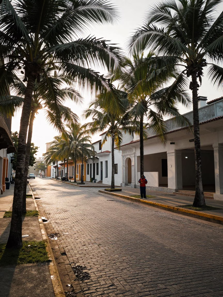 Early Morning Street Scene in Cartagena Colombia with Palm Tree Avenue and Local Breakfast in in Cartagena, Colombia