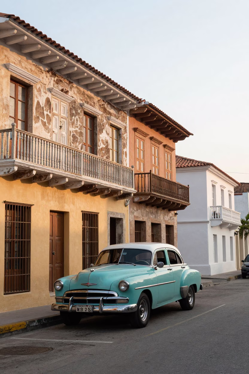 Early Morning Street Scene in Cartagena Colombia with Vintage Car and Bicycle in in Cartagena, Colombia