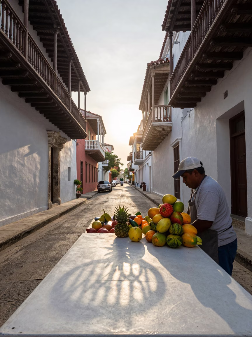 Early Morning Street Scene in Cartagena Colombia with Wicker Shadow on Tabletop in in Cartagena, Colombia