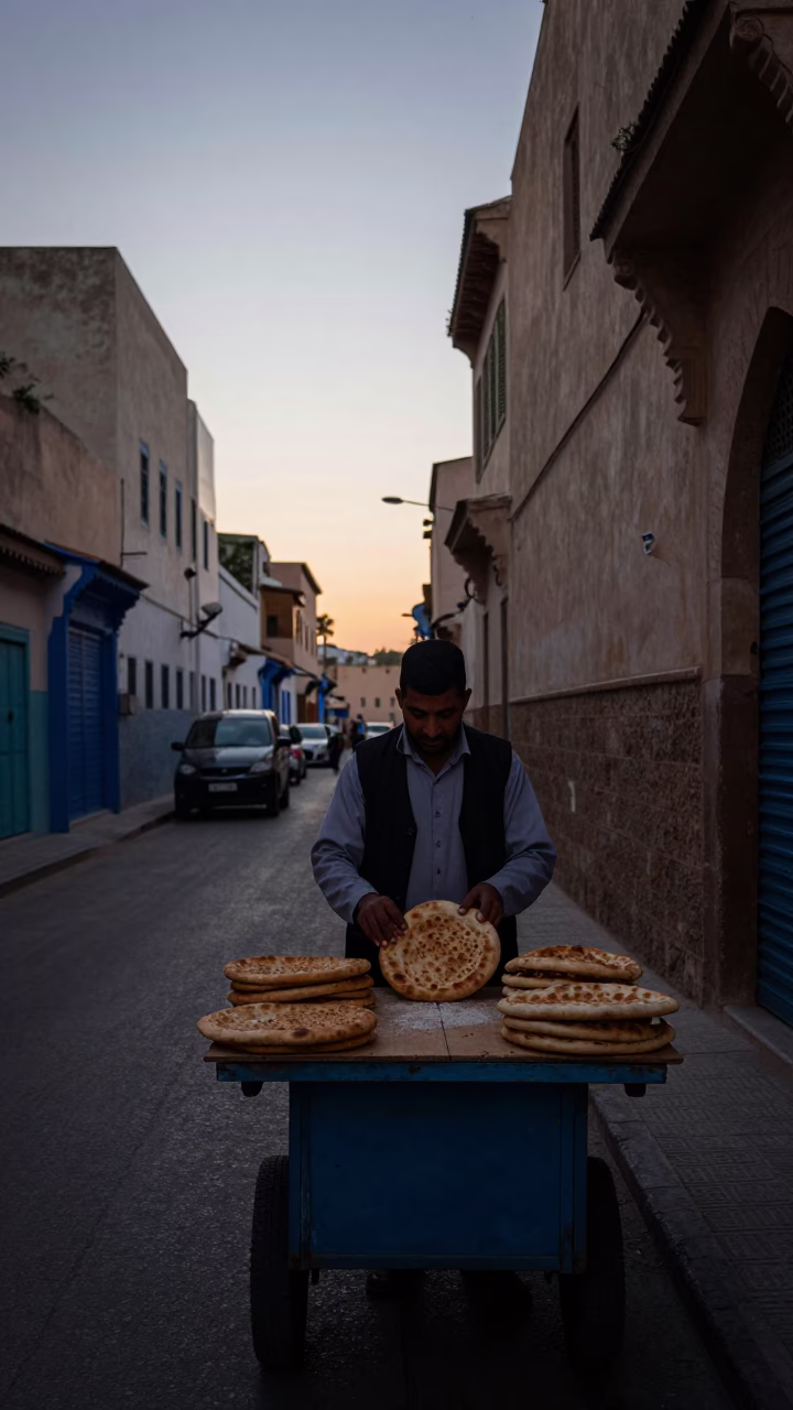Early Morning Street Scene in Casablanca Morocco Before Sunrise with Local Vendor and Pedestrians in in Casablanca, Morocco
