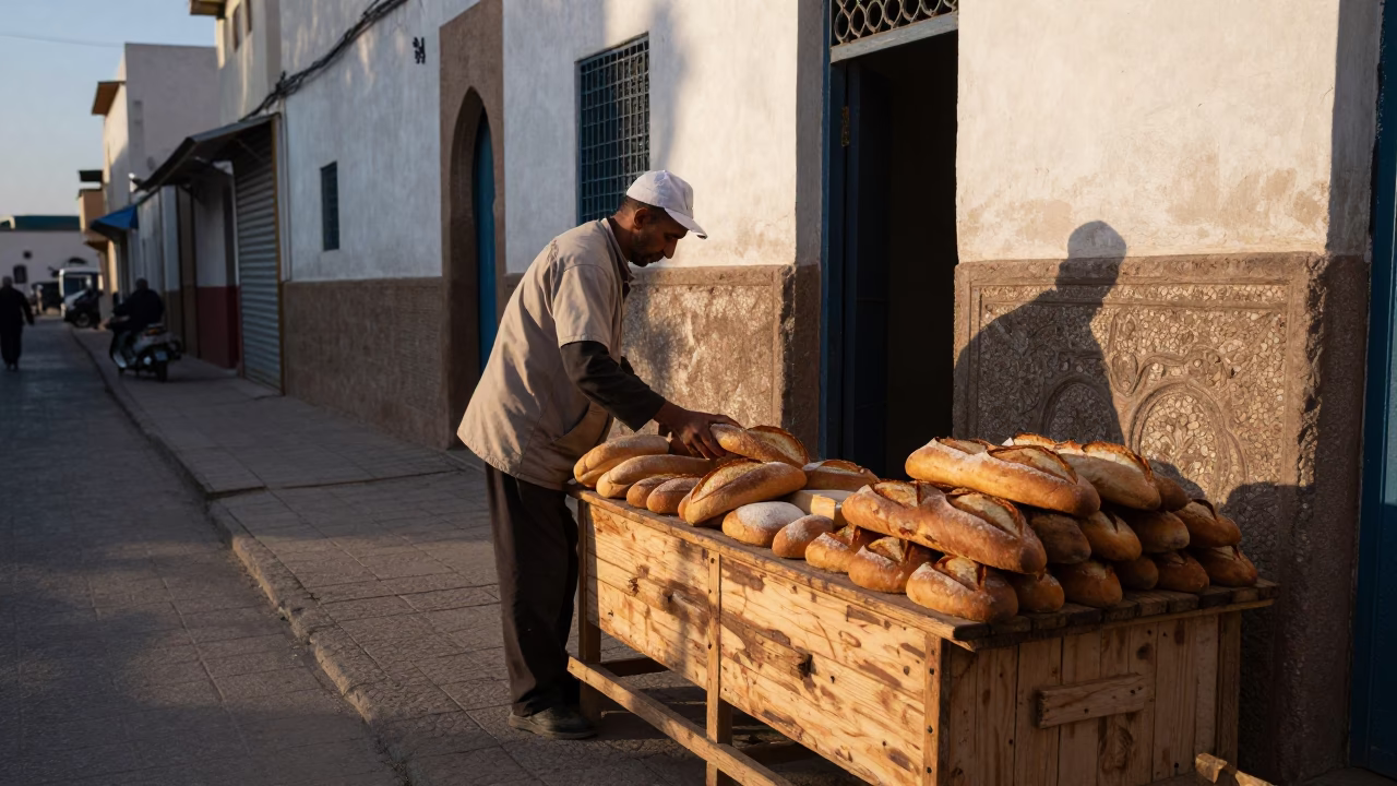 Early Morning Street Scene in Casablanca Morocco with Bread and Local Market Activity in in Casablanca, Morocco