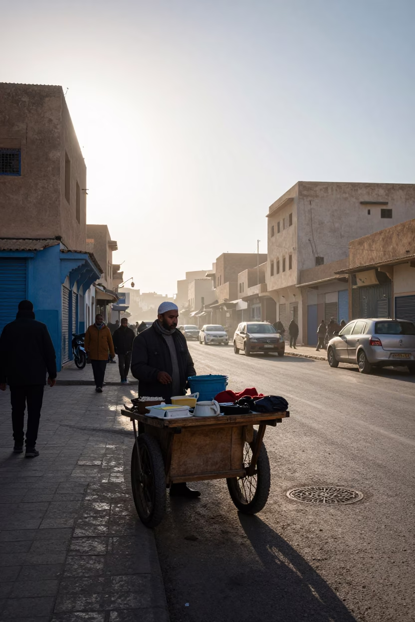 Early Morning Street Scene in Casablanca Morocco with Local Vendor and Fig Fruit in in Casablanca, Morocco