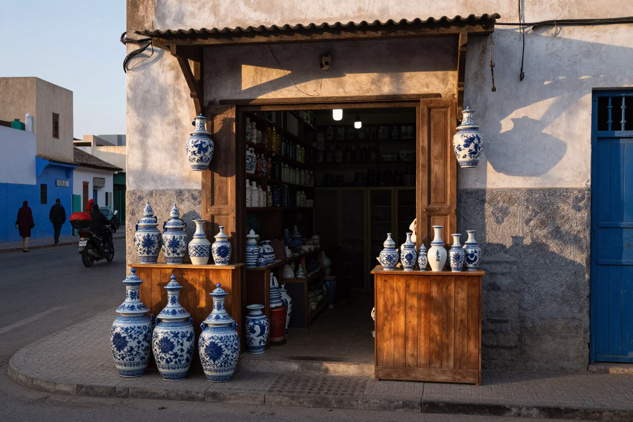 Early Morning Street Scene in Casablanca Morocco with Porcelain Jars and Wall Hook in in Casablanca, Morocco