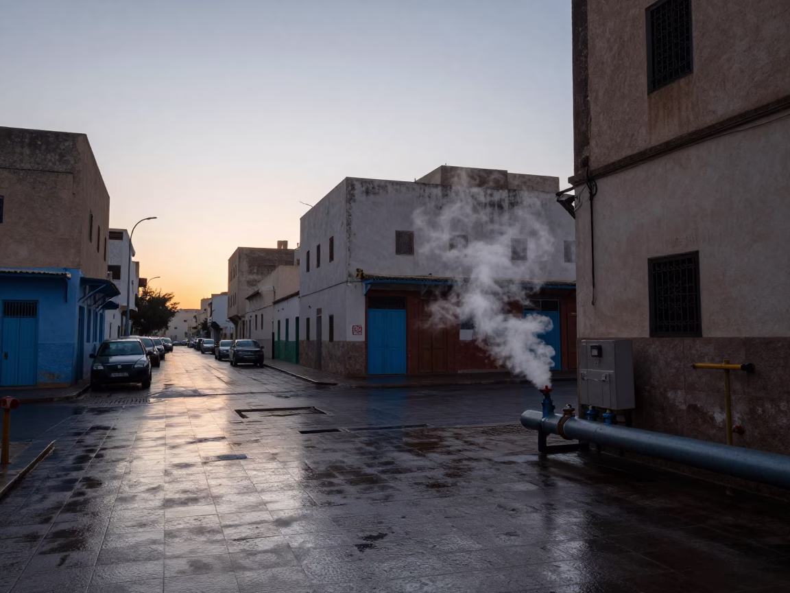 Early Morning Street Scene in Casablanca Morocco with Steaming District Heating Pipe in in Casablanca, Morocco