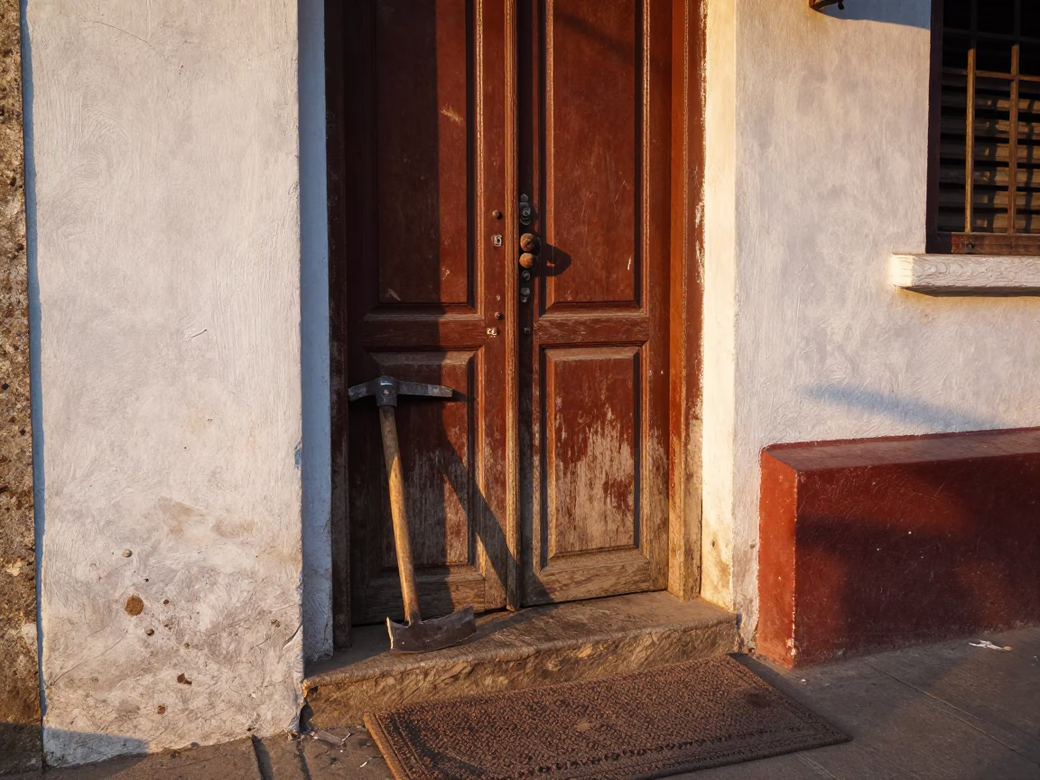 Early Morning Street Scene in Chennai India with Crowbar and Doormat in in Chennai, India